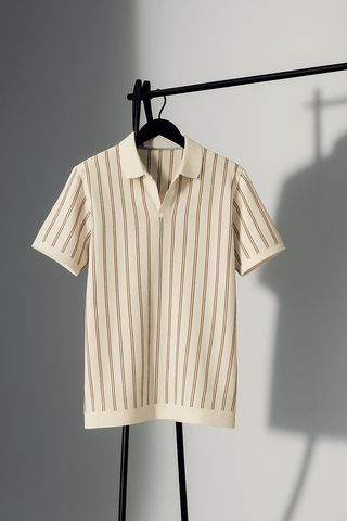 Cream & Brown Vertical Striped Short-Sleeve Polo Shirt - Ecowears.pk