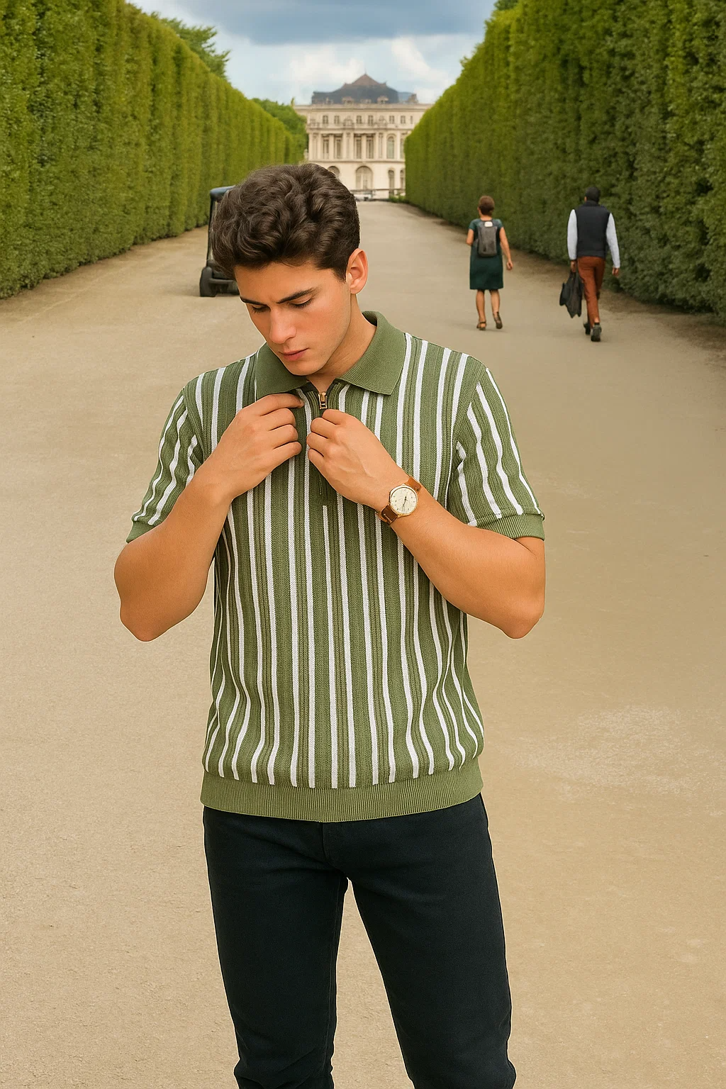 Olive Green & White Vertical Striped Knit Half-Zip Polo