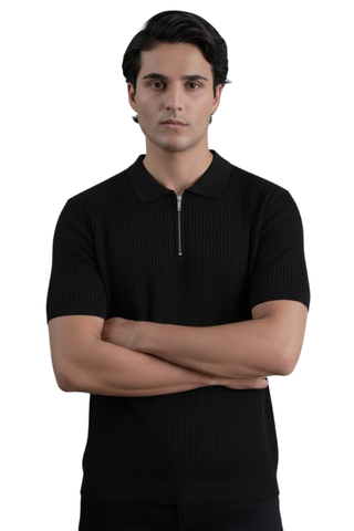 Classic Black Textured Knit Half-Zip Polo Shirt