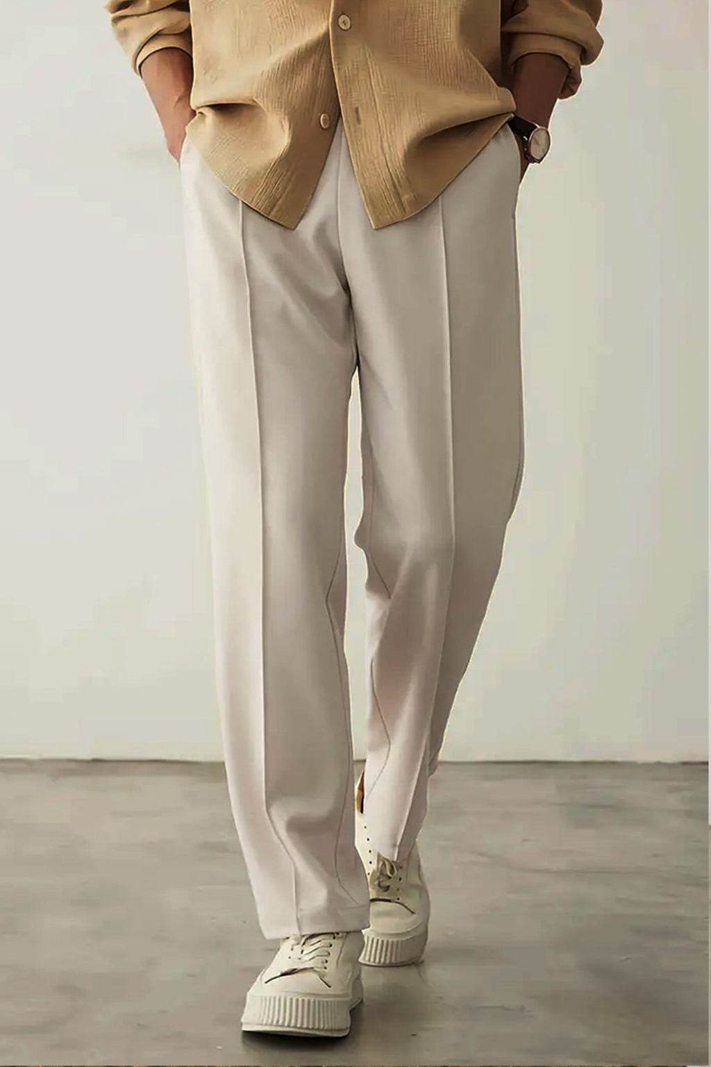 Relaxed Fit Platted Trouser - Cream Beige - Ecowears.pk