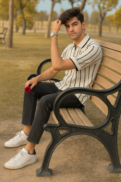 Cream & Black Vertical Striped Knit Half-Zip Polo Shirt