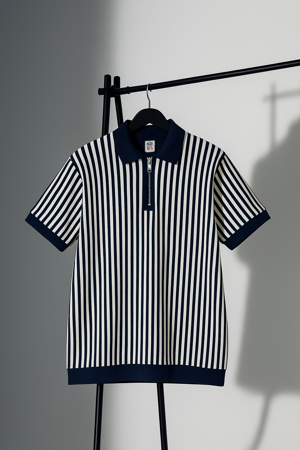 Navy Blue & White Vertical Striped Knit Half-Zip Polo Shirt