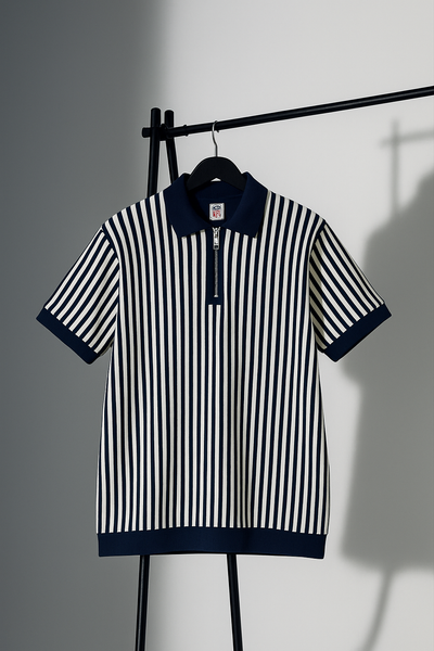 Navy Blue & White Vertical Striped Knit Half-Zip Polo Shirt