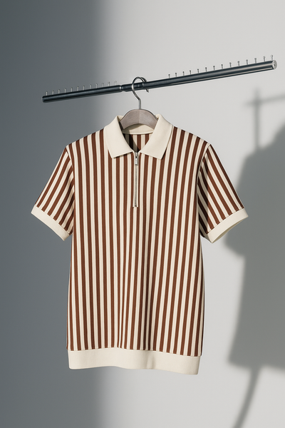 Brown & White Vertical Striped Knit Half-Zip Polo Shirt