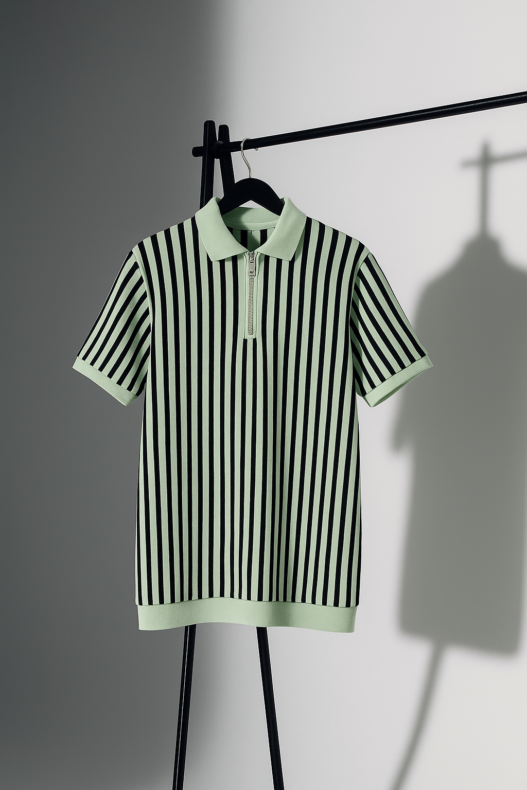 Mint Green & Black Vertical Striped Knit Half-Zip Polo Shirt