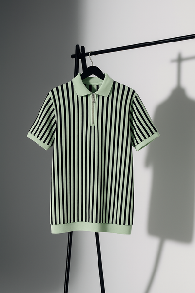 Mint Green & Black Vertical Striped Knit Half-Zip Polo Shirt