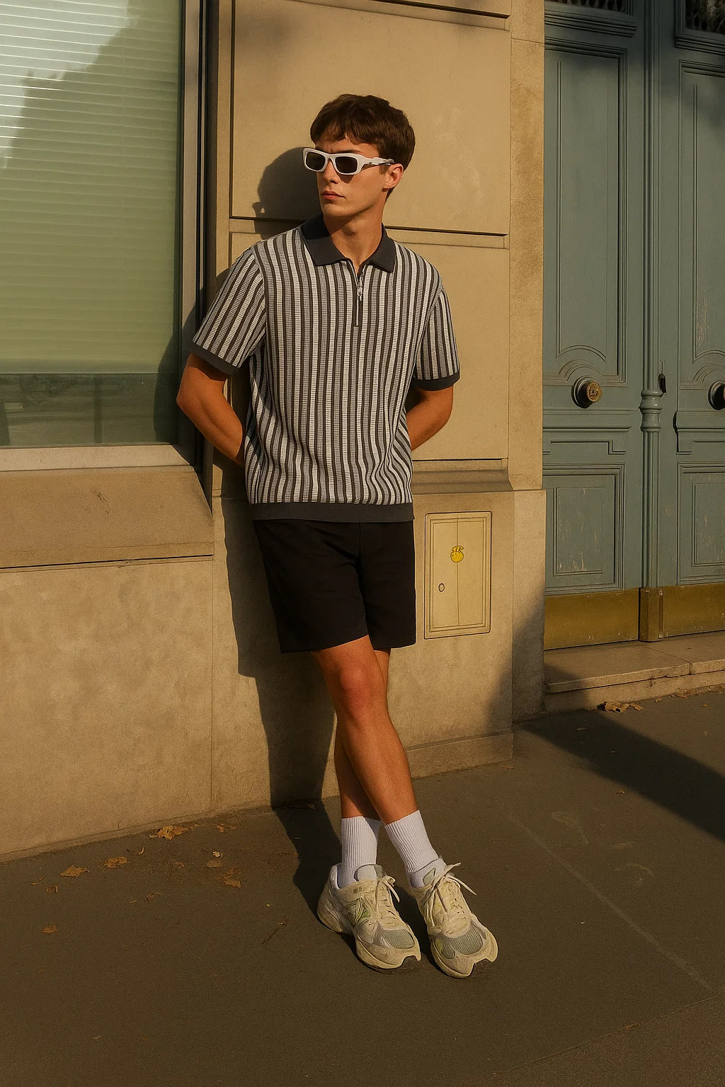 Grey & White Vertical Striped Knit Half-Zip Polo