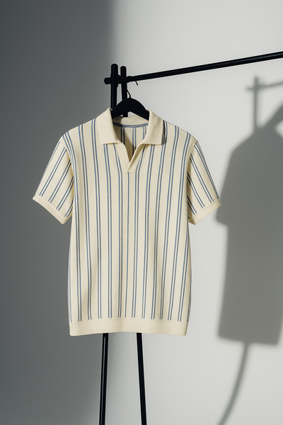 Cream & Blue Vertical Striped Short-Sleeve Polo Shirt