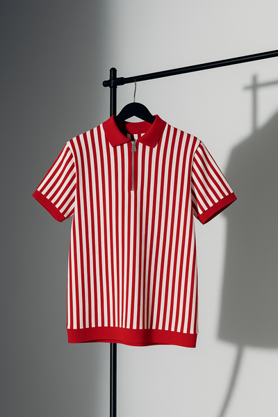 Red & White Vertical Striped Knit Half-Zip Polo Shirt