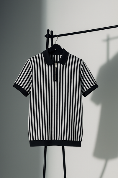 Black & White Bold Vertical Striped Knit Half-Zip Polo Shirt