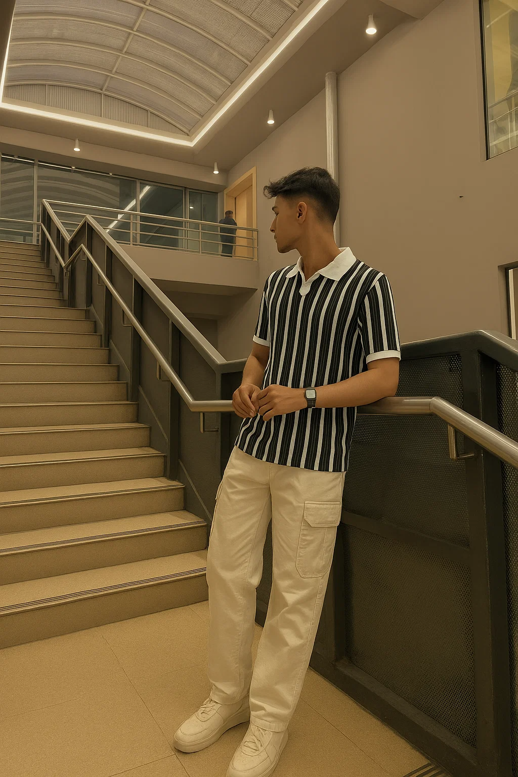 Black & White Vertical Striped Polo with White Collar