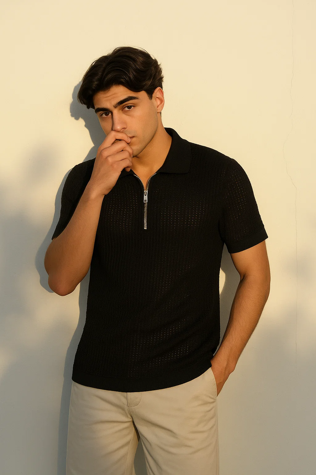 Classic Black Textured Knit Half-Zip Polo Shirt