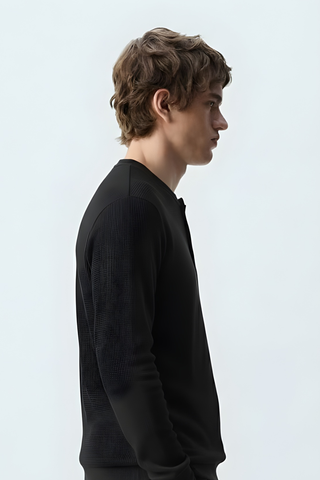 Classic Button-Neck Black Sweatshirt