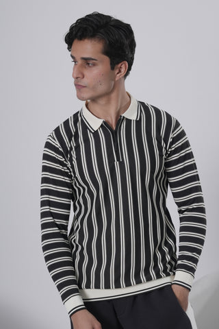 Black & Off-White Striped Zip Polo Sweatshirt