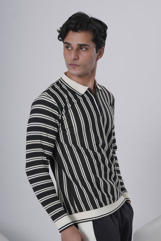 Black & Off-White Striped Zip Polo Sweatshirt