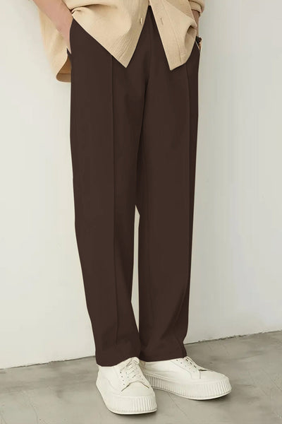 Dark Brown Pleated Straight-Fit Trousers