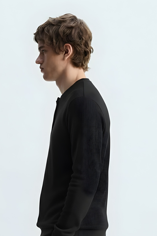 Classic Button-Neck Black Sweatshirt