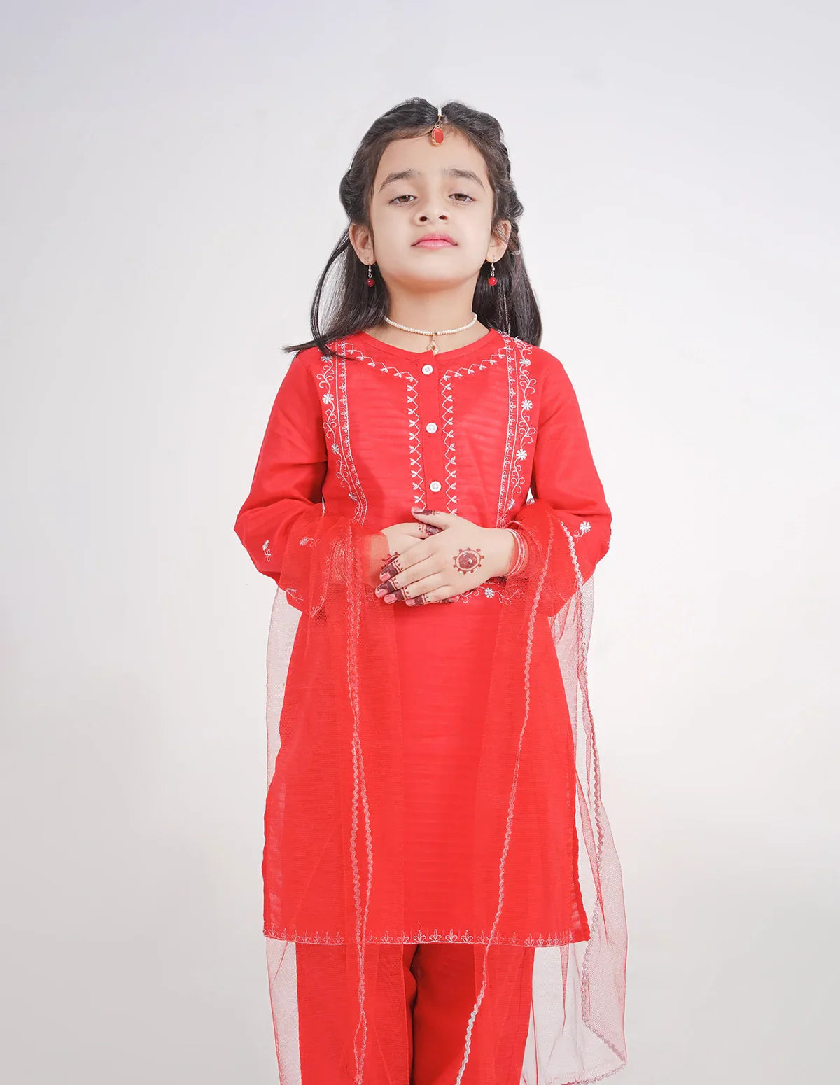Embroidered Red Trouser Set for Girls.