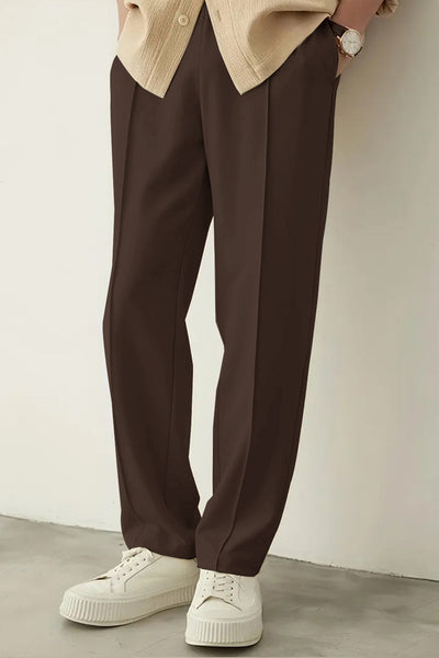 Dark Brown Pleated Straight-Fit Trousers