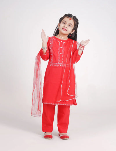 Embroidered Red Trouser Set for Girls.