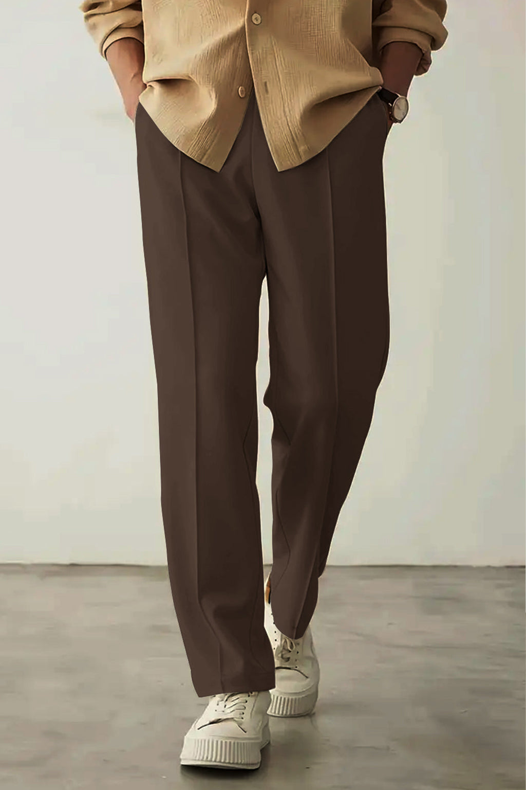 Dark Brown Pleated Straight-Fit Trousers