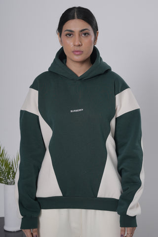 Forest Green & Off-White Color Block Hoodie