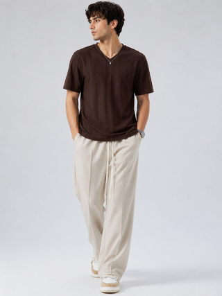 Dark Brown Textured V-Neck T-Shirt