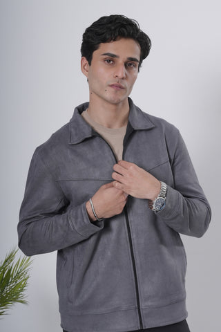 Grey Suede-Style Zip Jacket