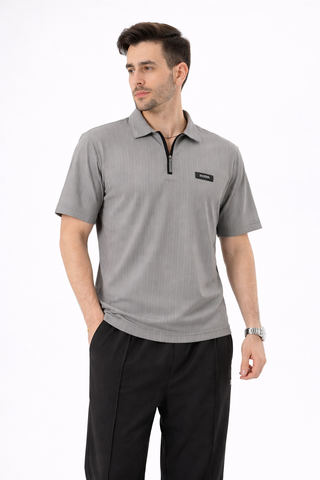 Grey Stripe Zip Polo Tee