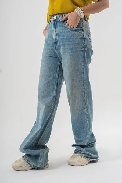 Baggy Fit Light Wash Blue Denim Pants with Panel Stitch Detailing