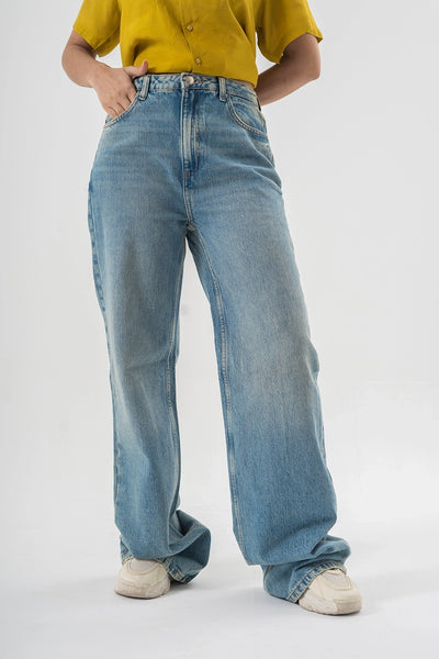 Baggy Fit Light Wash Blue Denim Pants with Panel Stitch Detailing