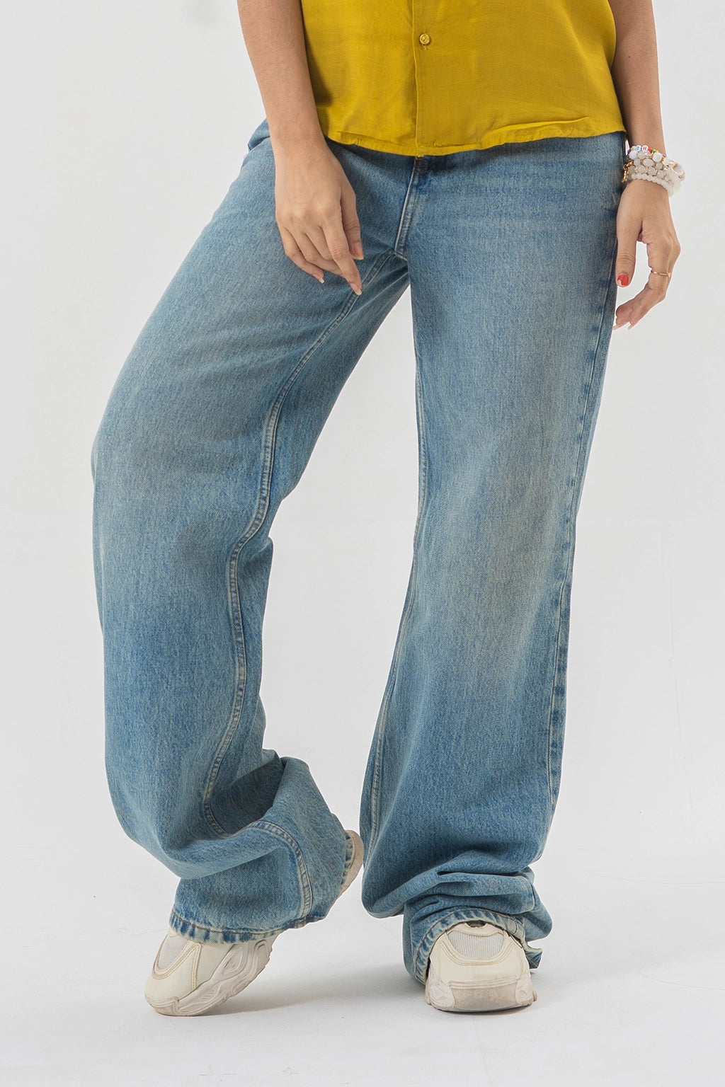Baggy Fit Light Wash Blue Denim Pants with Panel Stitch Detailing