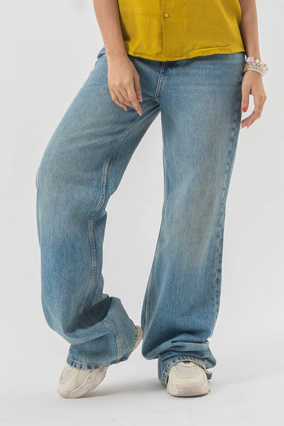 Baggy Fit Light Wash Blue Denim Pants with Panel Stitch Detailing