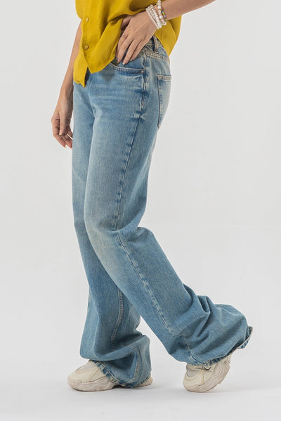 Baggy Fit Light Wash Blue Denim Pants with Panel Stitch Detailing