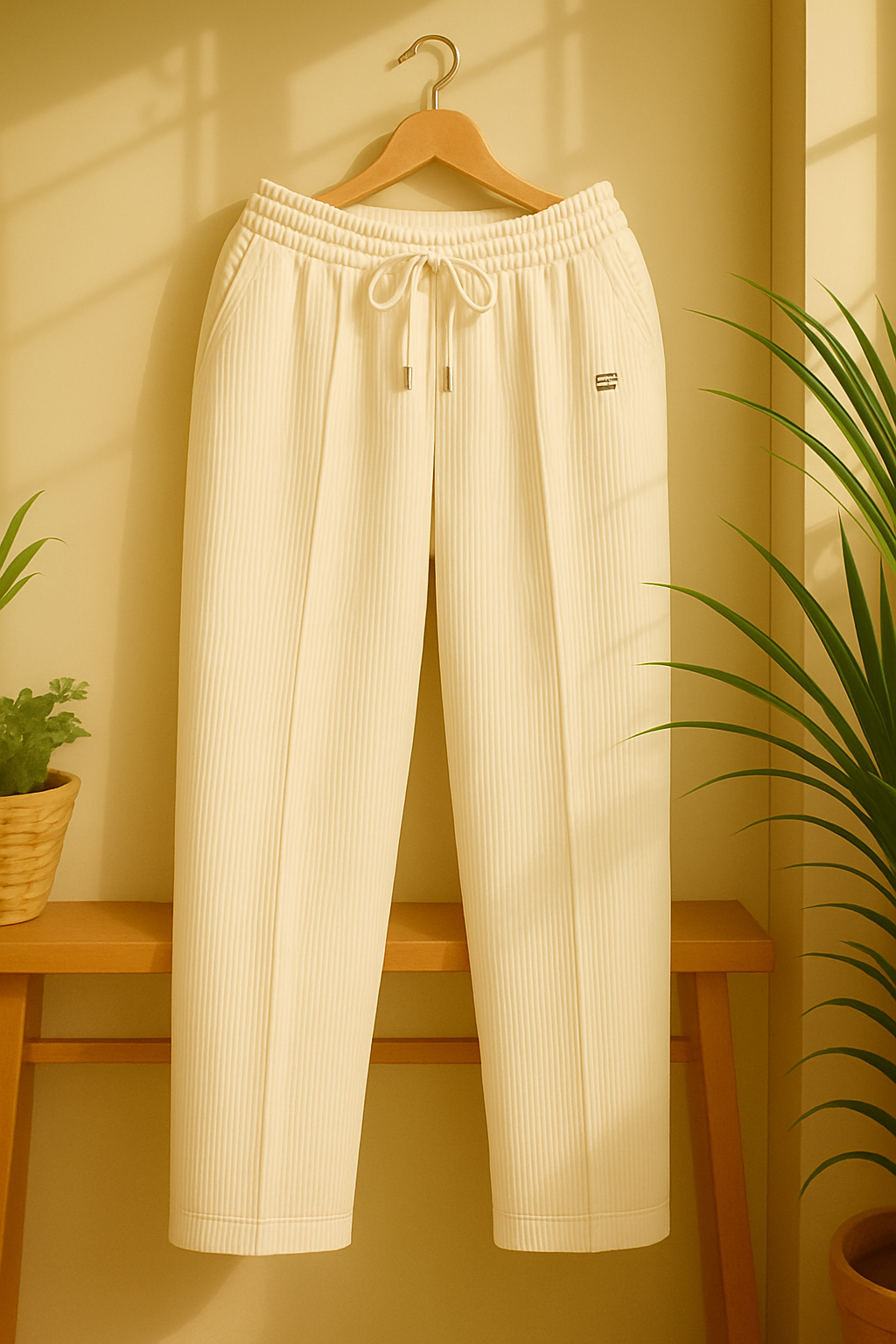 Off-White Ribbed Premium Trouser – Modern Fit with Minimalist Style