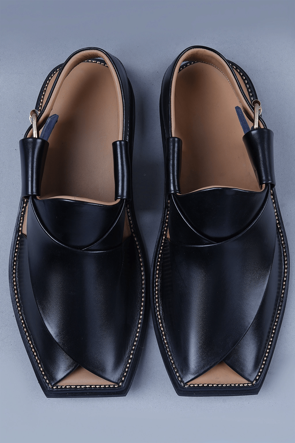 Black Leather Charsadda Chappal with Brass Buckle and Square Toe Detailing