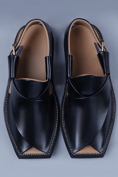 Black Leather Charsadda Chappal with Brass Buckle and Square Toe Detailing