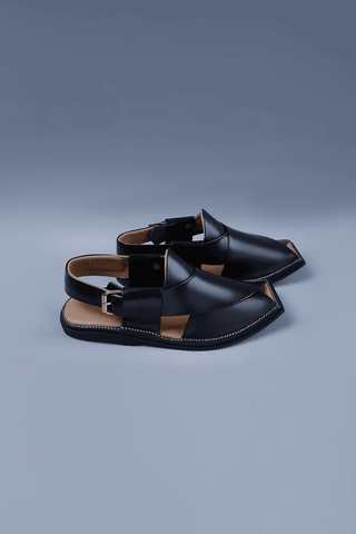 Black Leather Charsadda Chappal with Brass Buckle and Square Toe Detailing - Ecowears.pk