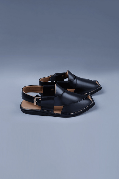 Black Leather Charsadda Chappal with Brass Buckle and Square Toe Detailing