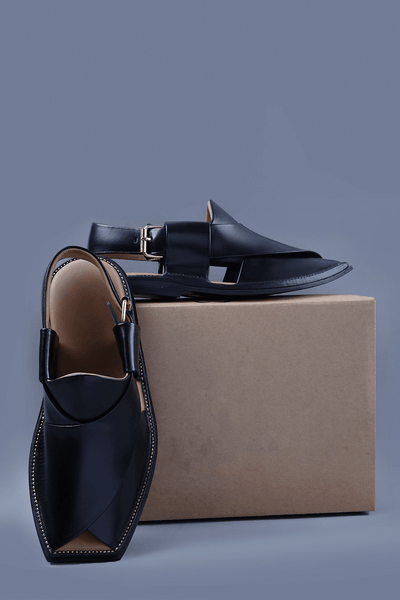 Black Leather Charsadda Chappal with Brass Buckle and Square Toe Detailing