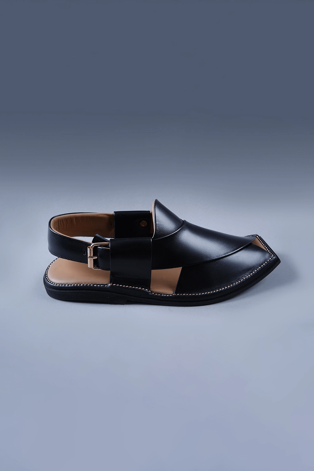 Black Leather Charsadda Chappal with Brass Buckle and Square Toe Detailing