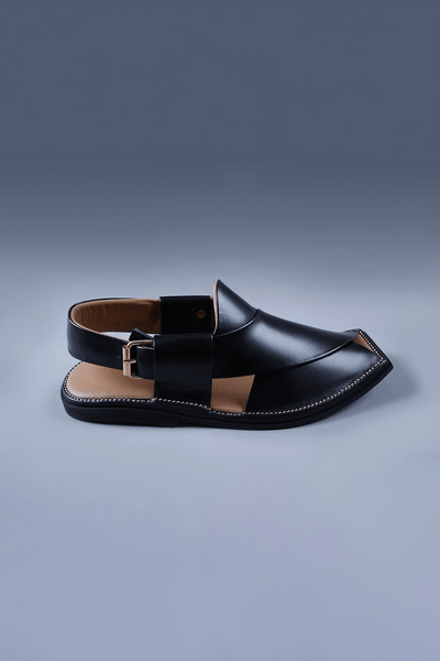 Black Leather Charsadda Chappal with Brass Buckle and Square Toe Detailing