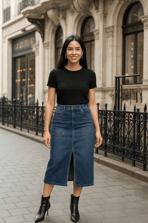 Blue Denim Midi Skirt with Front Slit for Women