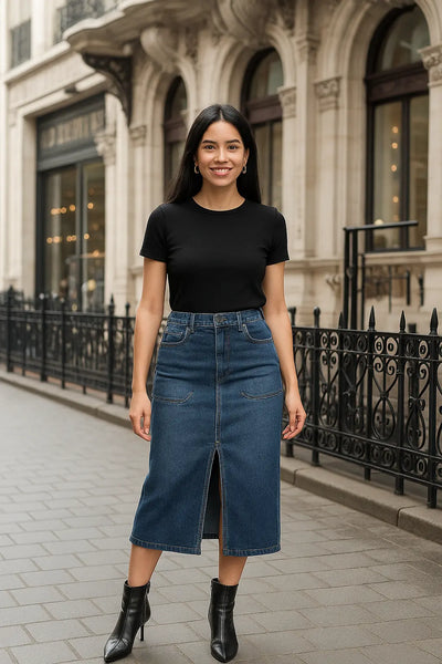 Blue Denim Midi Skirt with Front Slit for Women