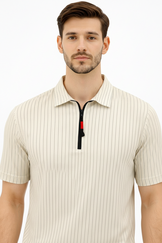 Textured Half-Zip Collared T-Shirt – Beige