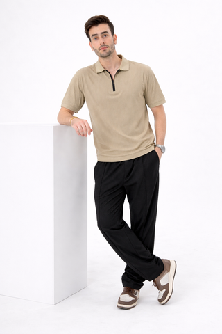 Sand Ribbed Zip Polo