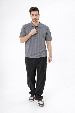 Ribbed Half-Zip Collared T-Shirt – Grey
