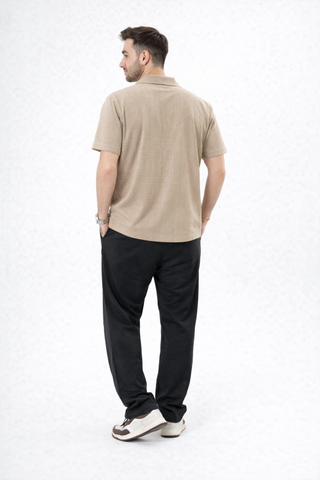 Beige Textured Zip Polo Tee