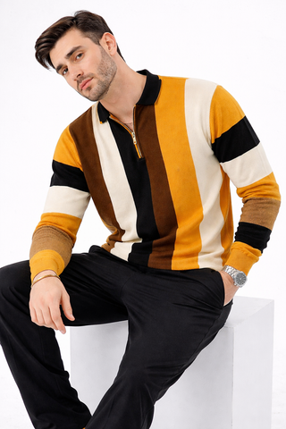 Retro Stripe Knit Polo – Mustard & Brown