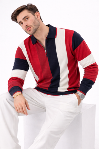 Bold Stripe Knit Polo – Red & Navy